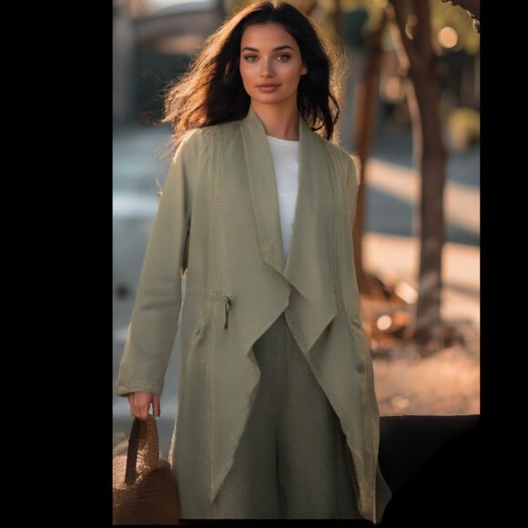 Max Jeans Vetiver Khaki Olive Green Long Drape Front Collar Boho  Jacket… - Picture 2 of 9